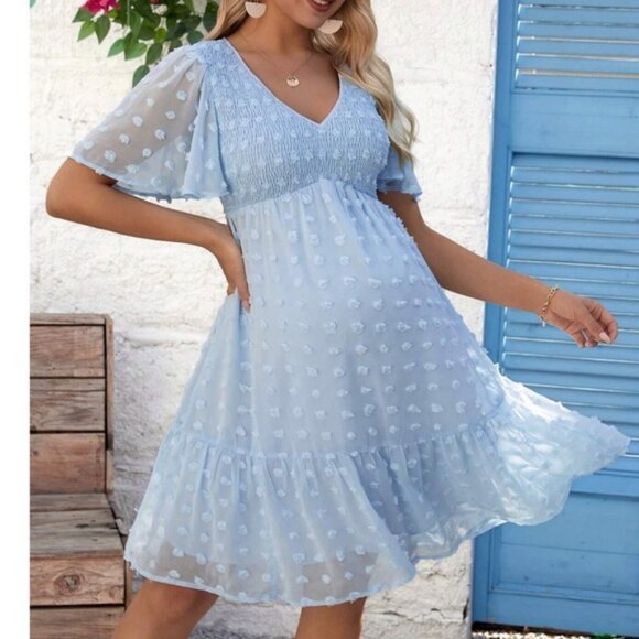 Maternity Swiss Dot Butterfly Sleeve Ruffle Mini Dress - Picture 1 of 4